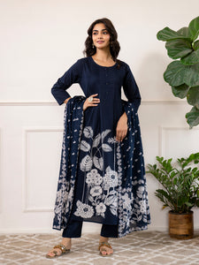 Divena Navy Blue Printed A-Line Cotton Kurta Set