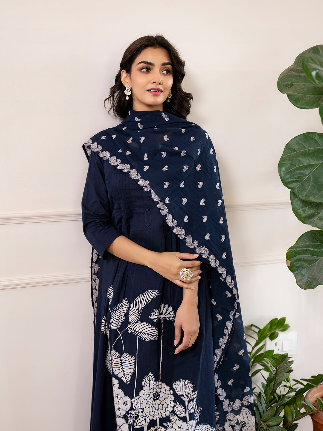 Divena Navy Blue Printed A-Line Cotton Kurta Set