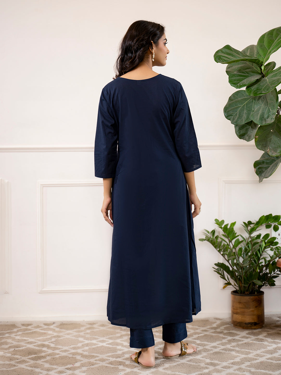 Divena Navy Blue Printed A-Line Cotton Kurta Set