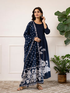 Divena Navy Blue Printed A-Line Cotton Kurta Set