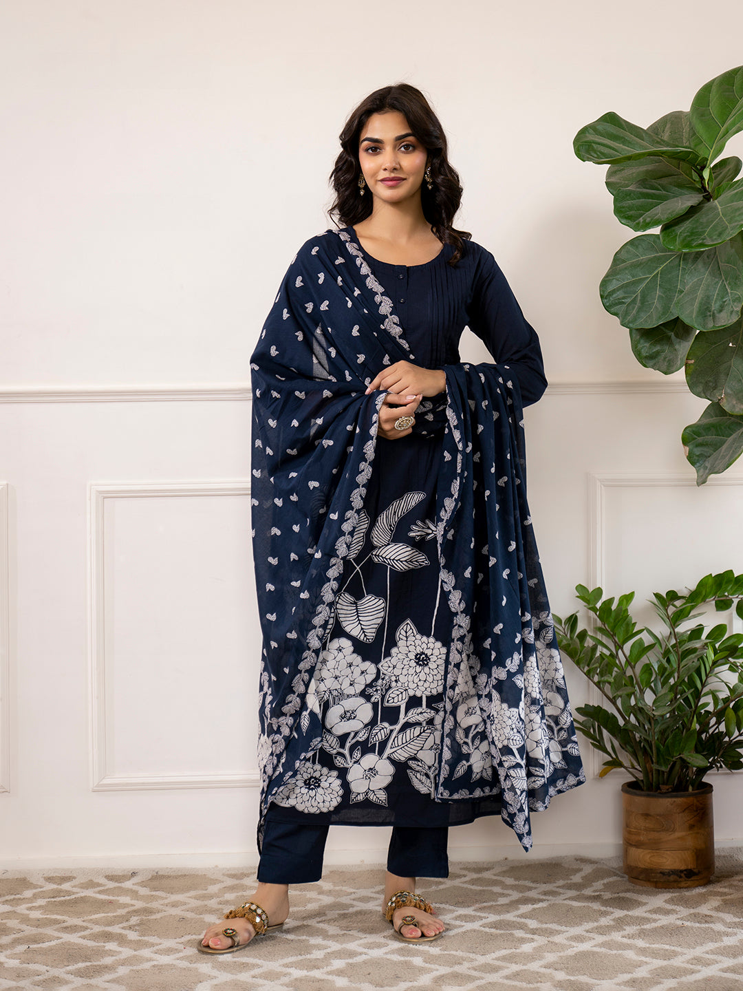 Divena Navy Blue Printed A-Line Cotton Kurta Set