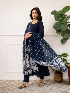 Divena Navy Blue Printed A-Line Cotton Kurta Set