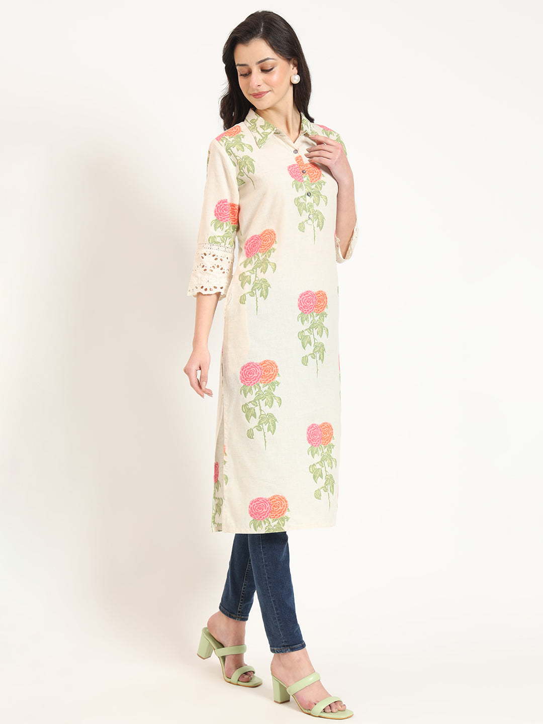 Divena Cream Pink Floral Print Cotton Fabric Kurta