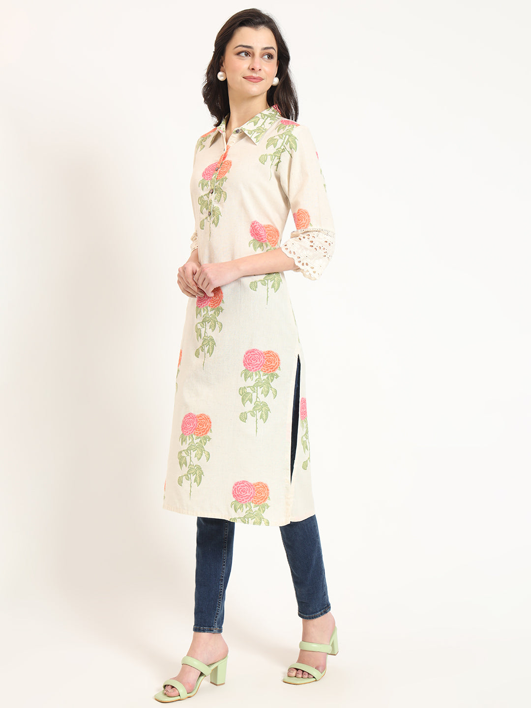 Divena Cream Pink Floral Print Cotton Fabric Kurta