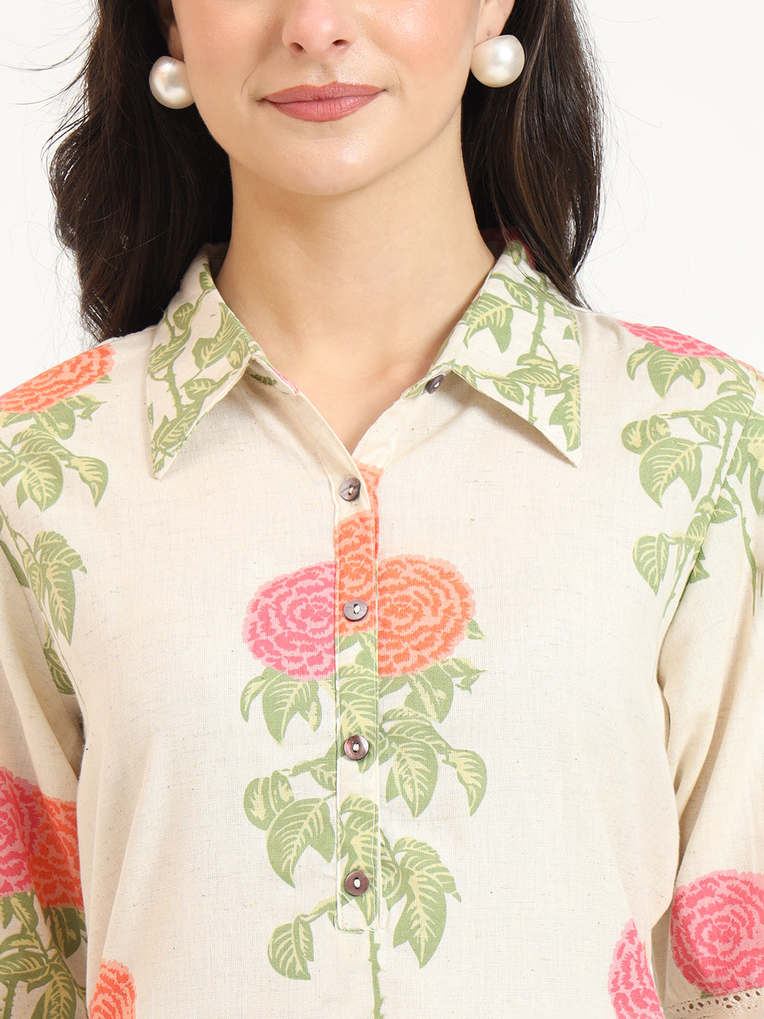 Divena Cream Pink Floral Print Cotton Fabric Kurta