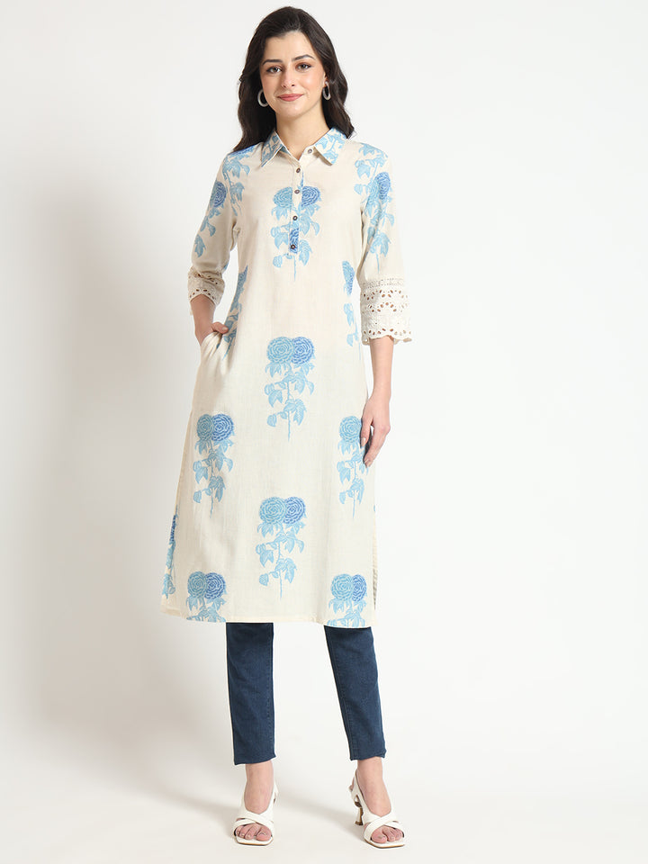 Divena Cream Blue Floral Print Cotton Fabric A-Line Kurta
