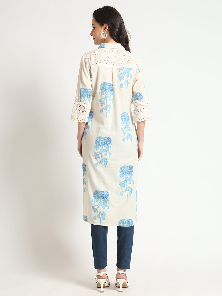 Divena Cream Blue Floral Print Cotton Fabric A-Line Kurta