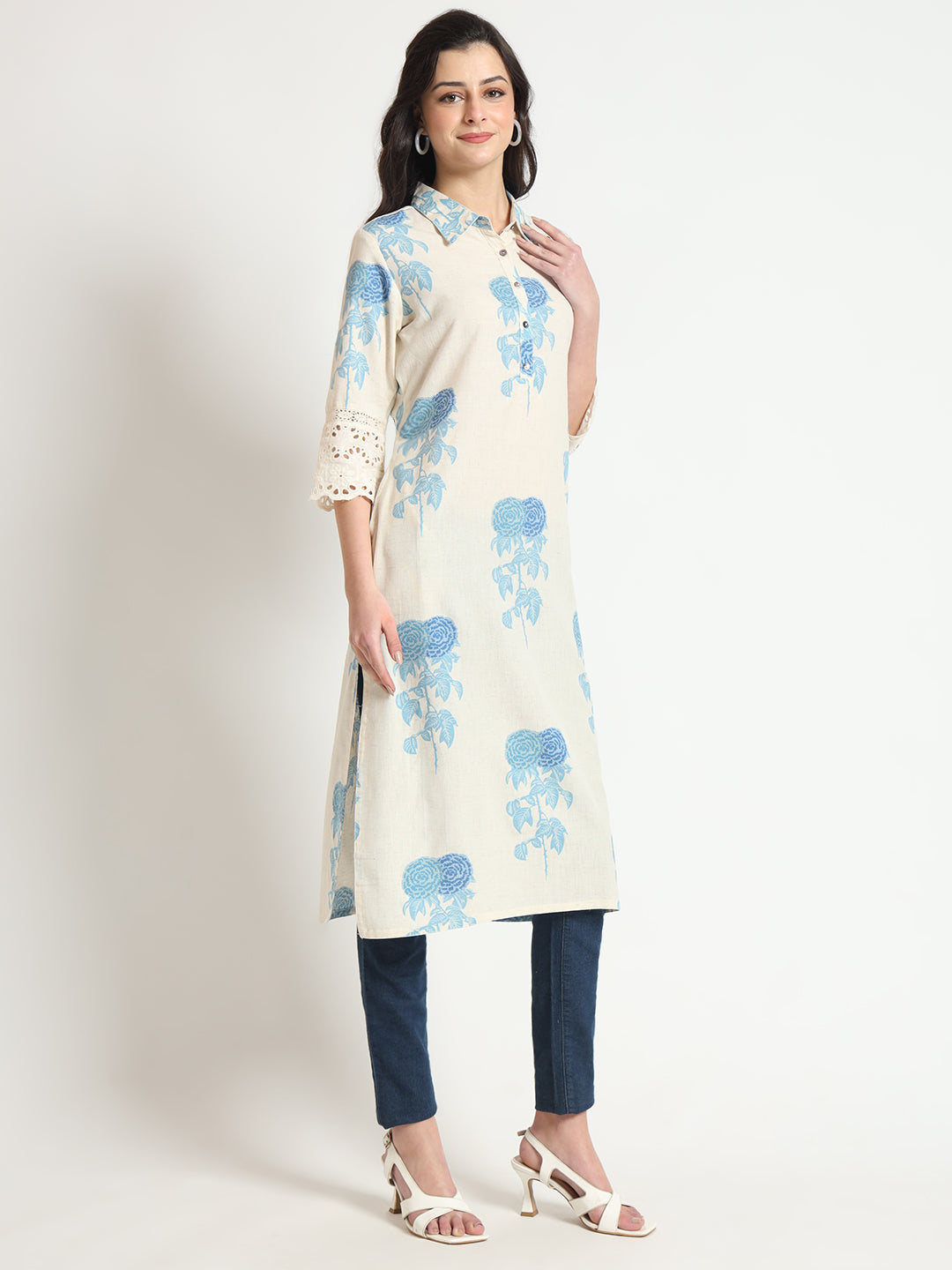 Divena Cream Blue Floral Print Cotton Fabric A-Line Kurta