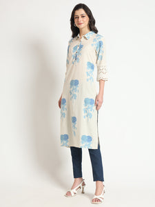 Divena Cream Blue Floral Print Cotton Fabric A-Line Kurta