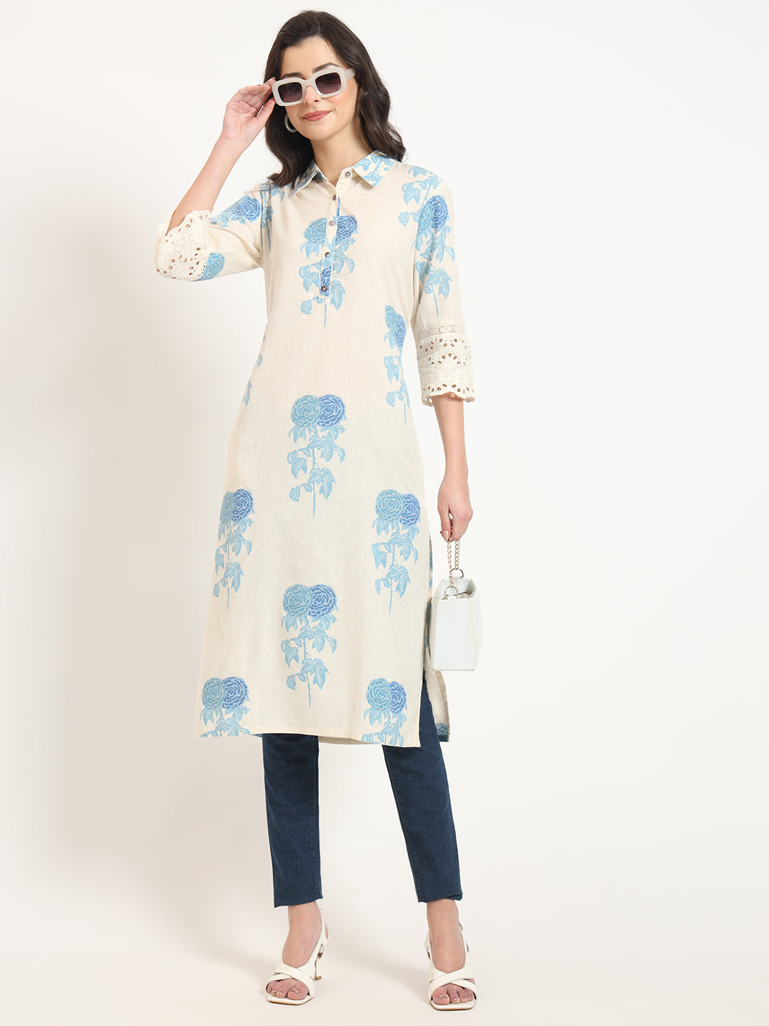 Divena Cream Blue Floral Print Cotton Fabric A-Line Kurta