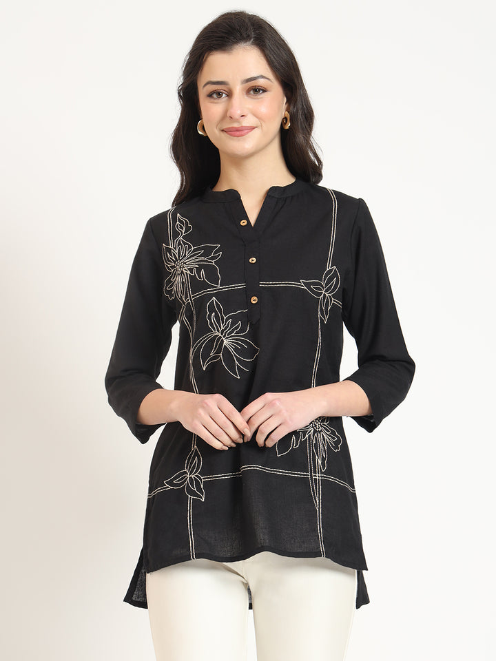 Divena Black Embroidery Cotton Fabric Satraight Top