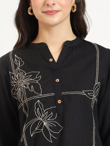 Divena Black Embroidery Cotton Fabric Satraight Top