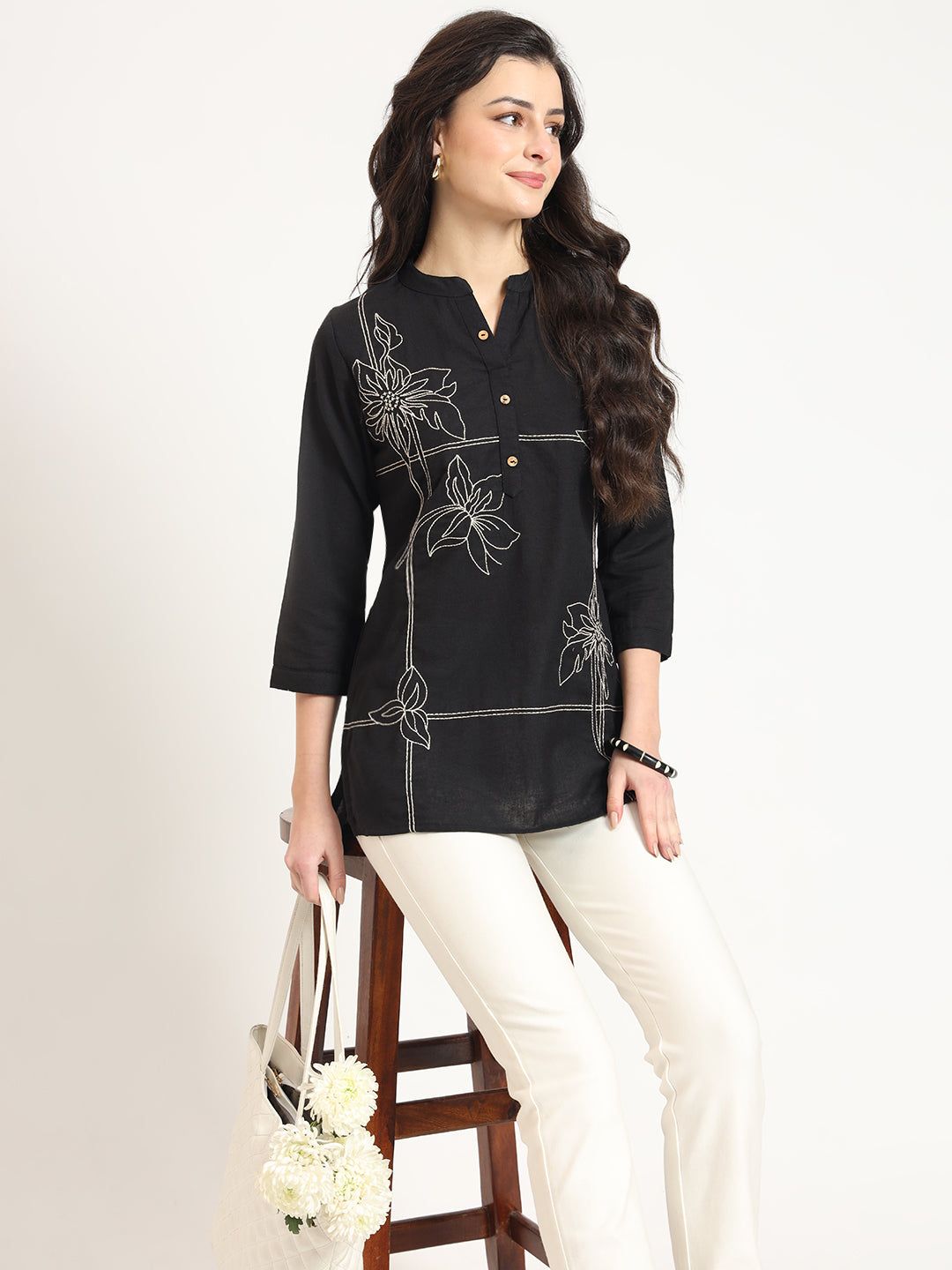 Black Embroidery Cotton Fabric Satraight Top — view 1