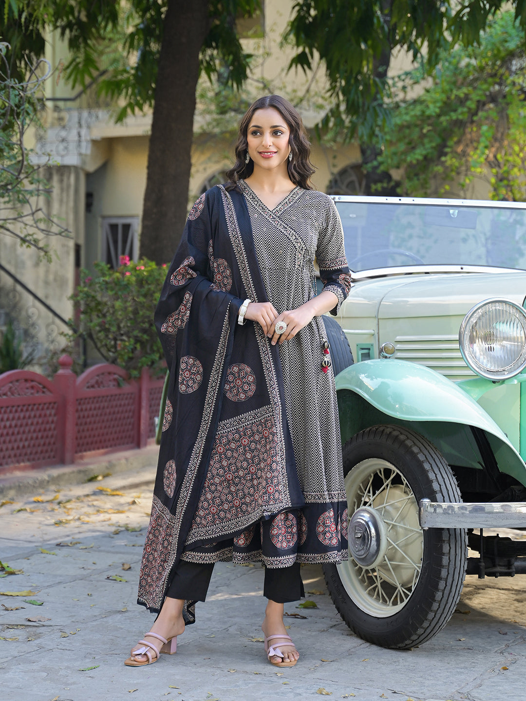 Black Printed Cotton Fabric Anarkali Kurta Pant With Dupatta — view 1
