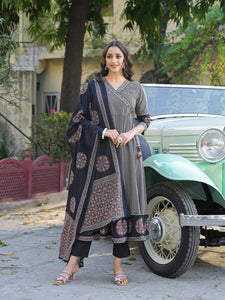 Divena Black Printed Cotton Fabric Anarkali Kurta Pant With Dupatta