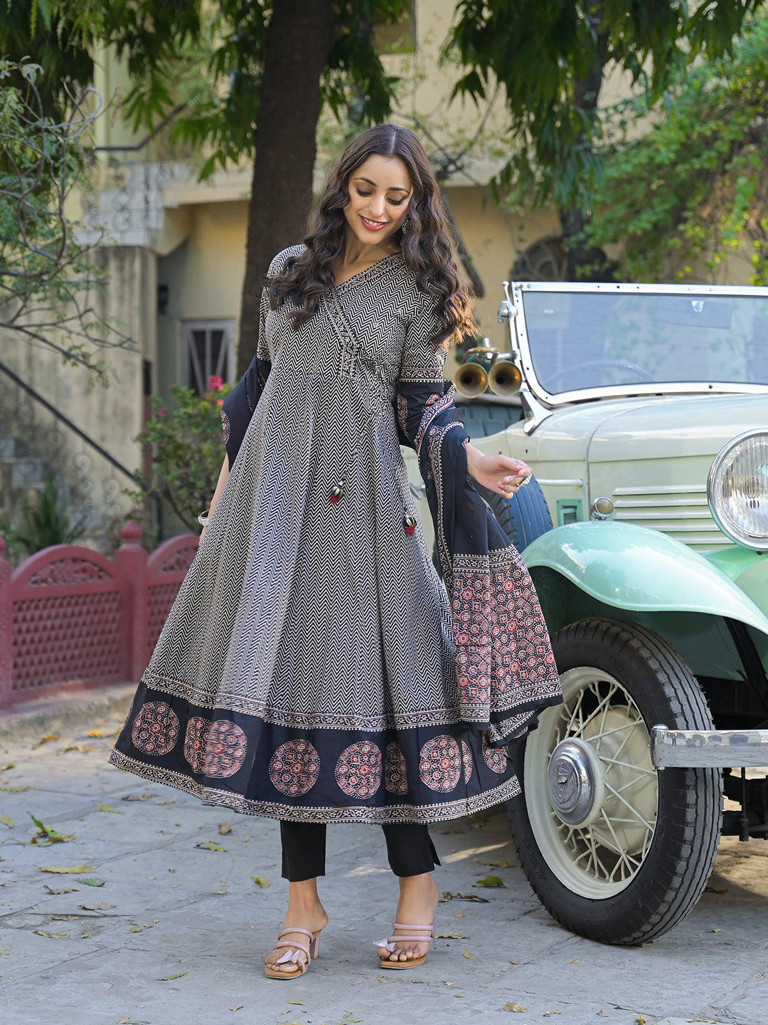 Divena Black Printed Cotton Fabric Anarkali Kurta Pant With Dupatta