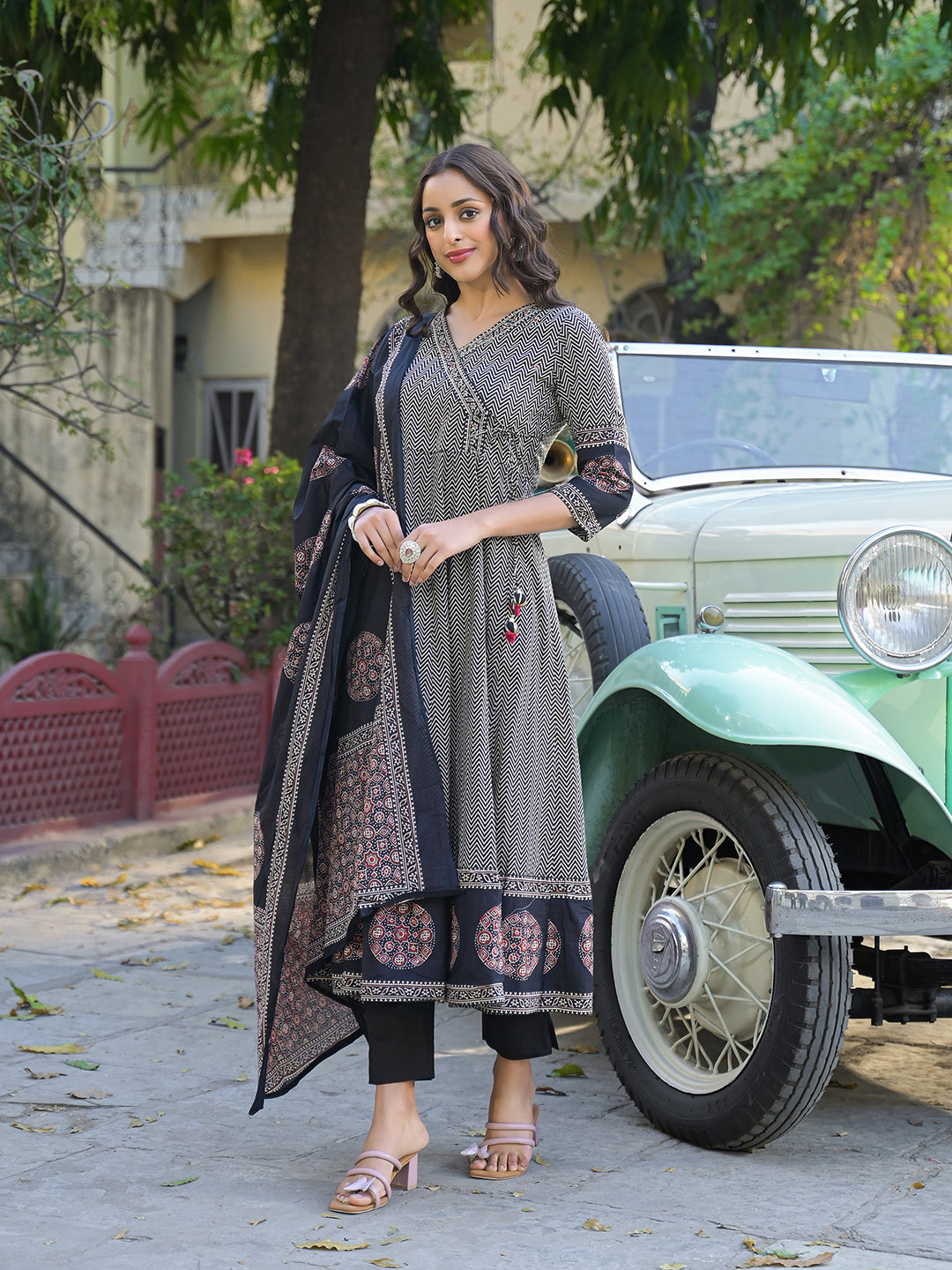 Divena Black Printed Cotton Fabric Anarkali Kurta Pant With Dupatta