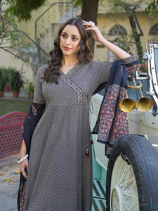 Divena Black Printed Cotton Fabric Anarkali Kurta Pant With Dupatta