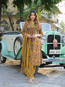 Divena Yellow Floral Print Cotton Fabric A-Line Kurta Pant With Dupatta