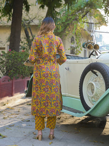 Divena Yellow Floral Print Cotton Fabric A-Line Kurta Pant With Dupatta