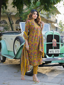 Divena Yellow Floral Print Cotton Fabric A-Line Kurta Pant With Dupatta