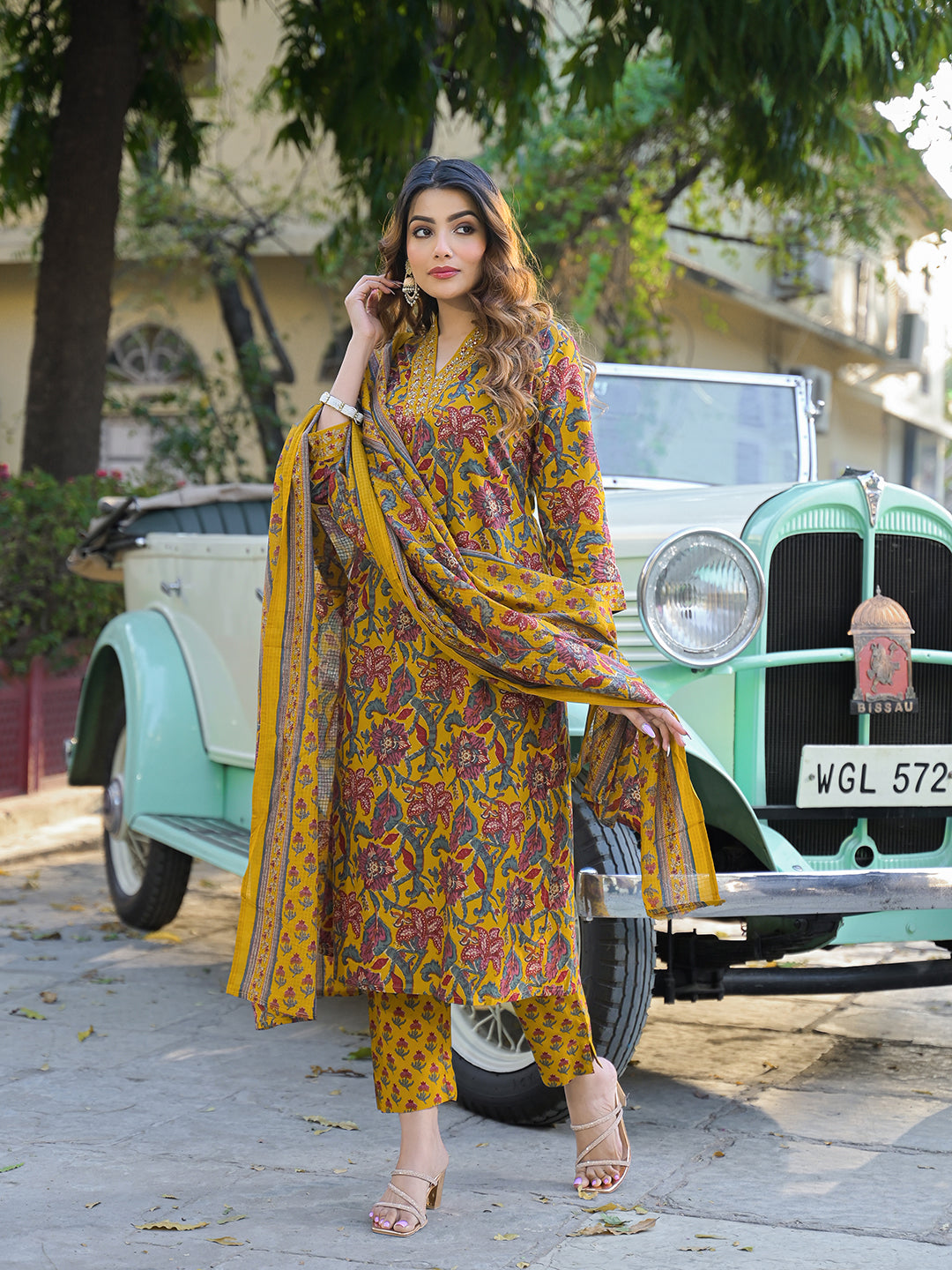 Divena Yellow Floral Print Cotton Fabric A-Line Kurta Pant With Dupatta