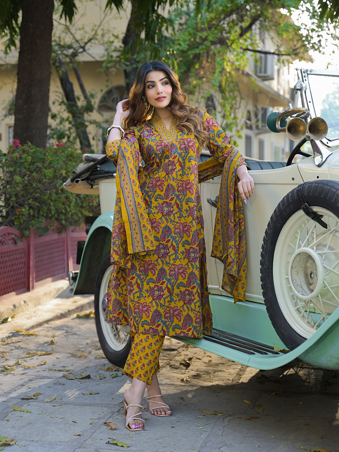 Divena Yellow Floral Print Cotton Fabric A-Line Kurta Pant With Dupatta