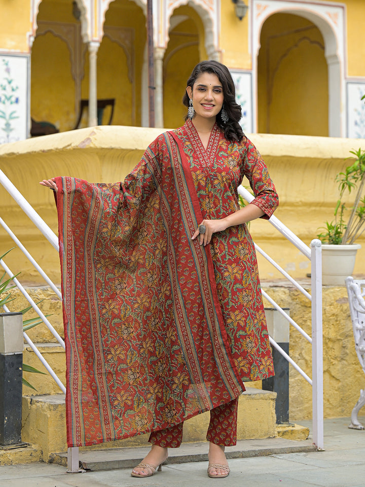 Divena Maroon Cotton V-neck Kurta Pant Set with Dupatta