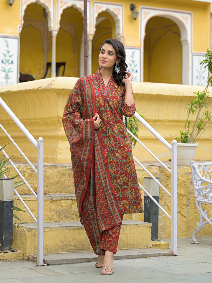 Divena Maroon Cotton V-neck Kurta Pant Set with Dupatta
