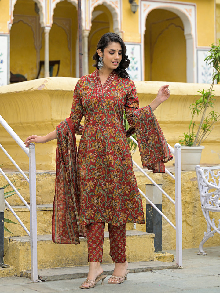 Divena Maroon Cotton V-neck Kurta Pant Set with Dupatta