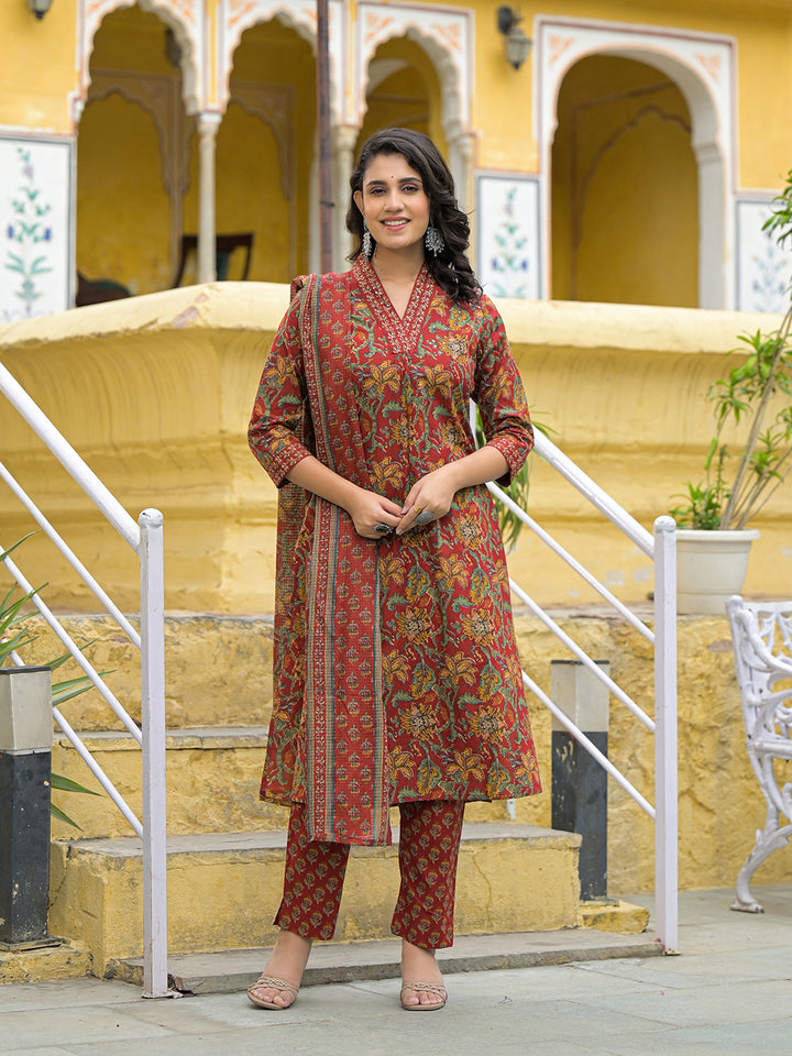 Divena Maroon Cotton V-neck Kurta Pant Set with Dupatta