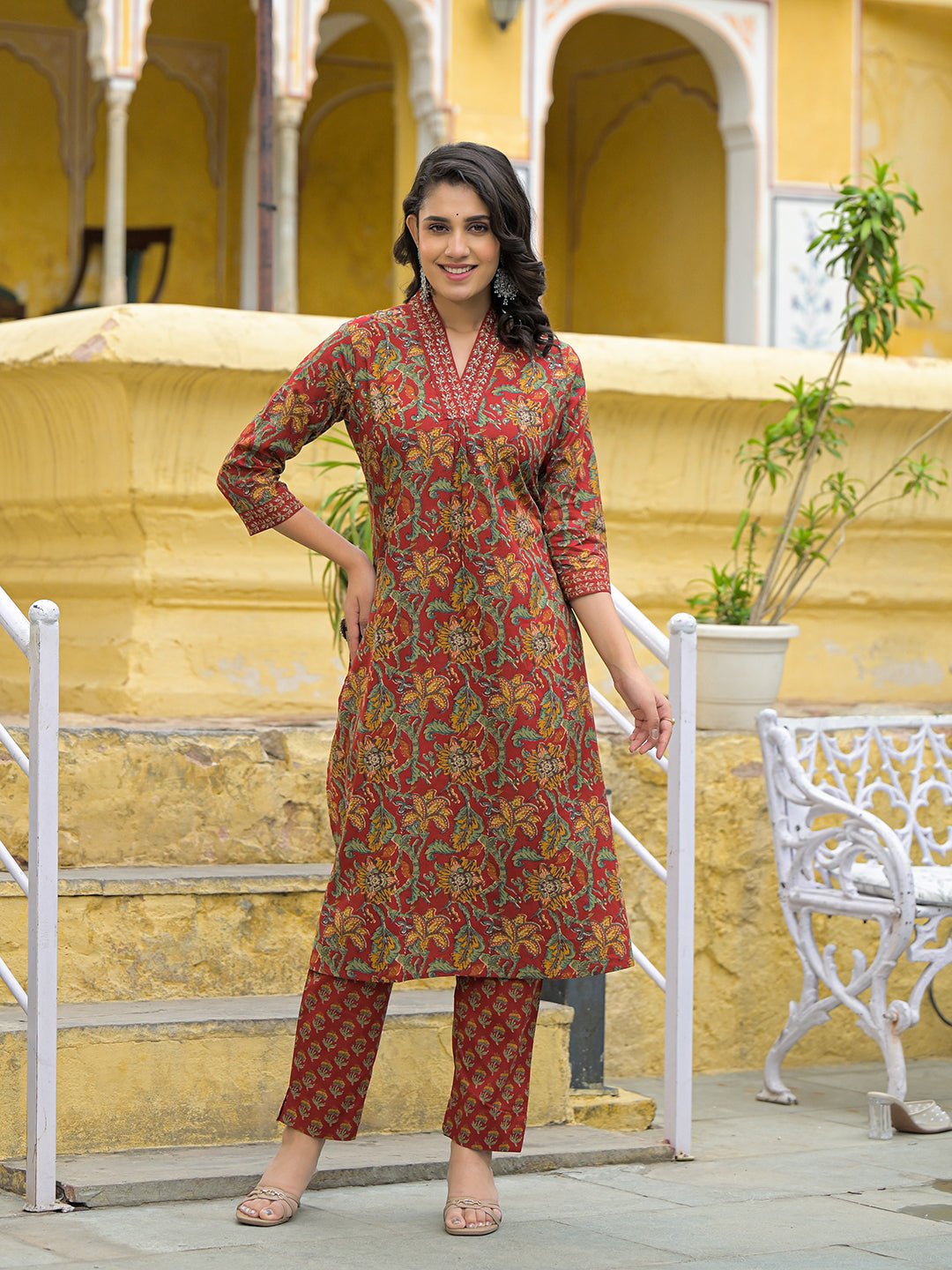 Divena Maroon Cotton V-neck Kurta Pant Set with Dupatta