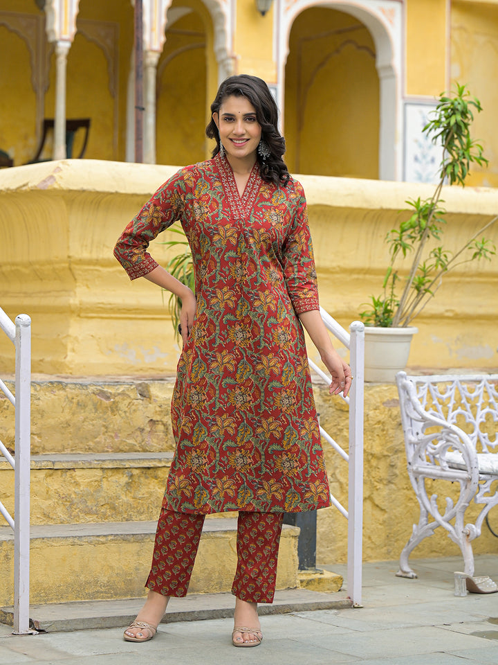 Divena Maroon Cotton V-neck Kurta Pant Set with Dupatta