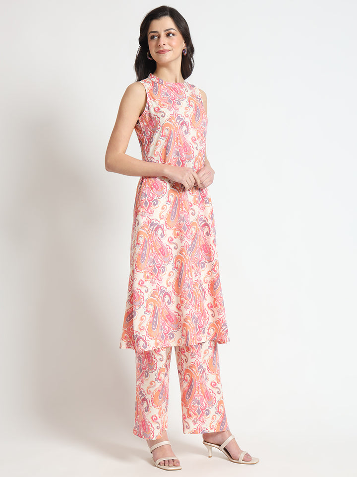 Divena Cream Floral Print Rayon Fabric Co-ord set