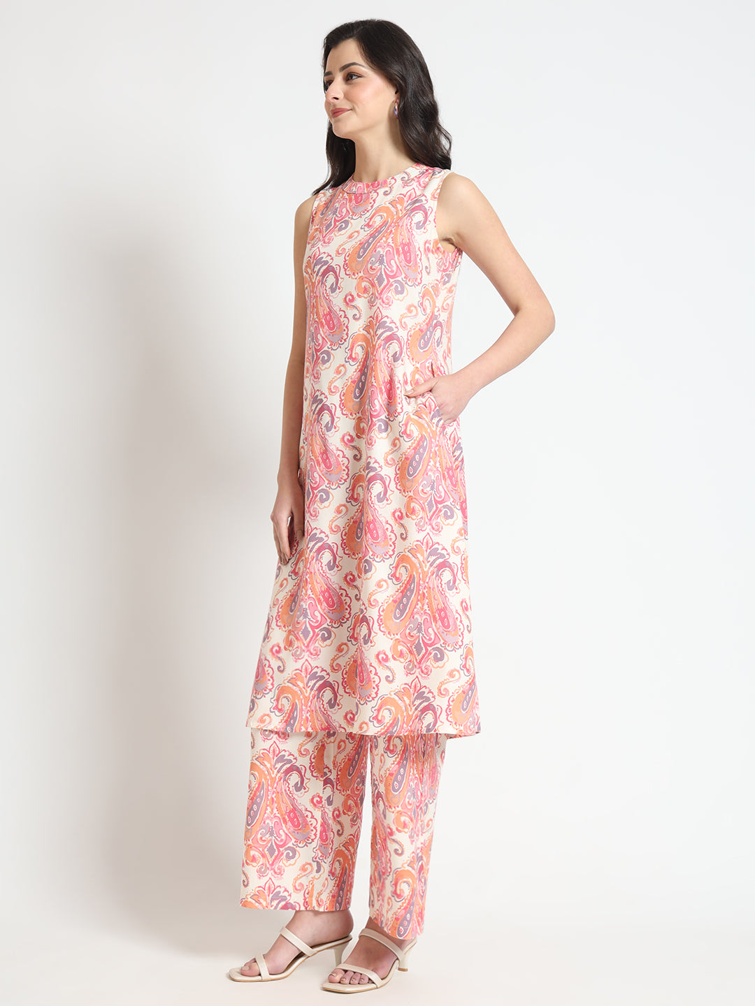Divena Cream Floral Print Rayon Fabric Co-ord set