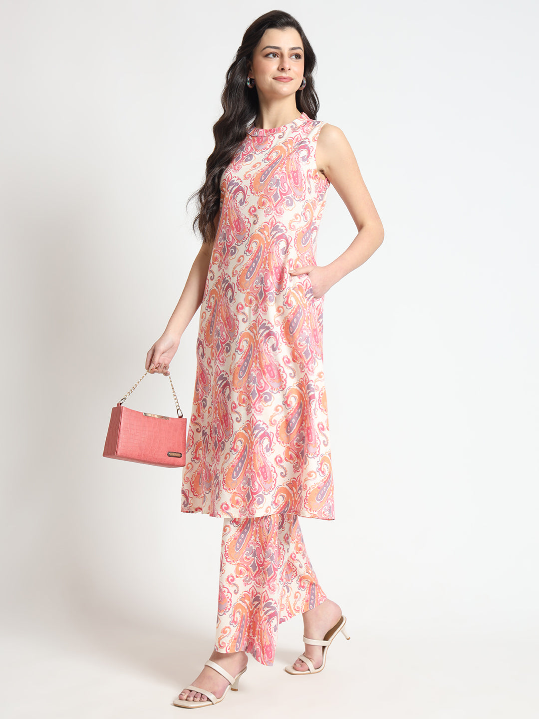 Cream Floral Print Rayon Fabric Co-ord set — view 1