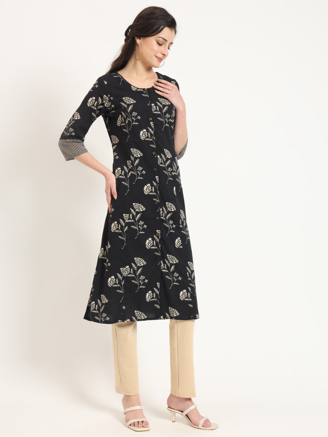 Divena Black Floral Print Cotton Fabric A-line Kurta