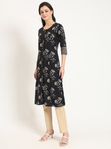 Divena Black Floral Print Cotton Fabric A-line Kurta