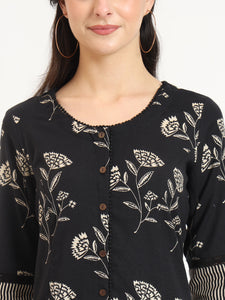 Divena Black Floral Print Cotton Fabric A-line Kurta