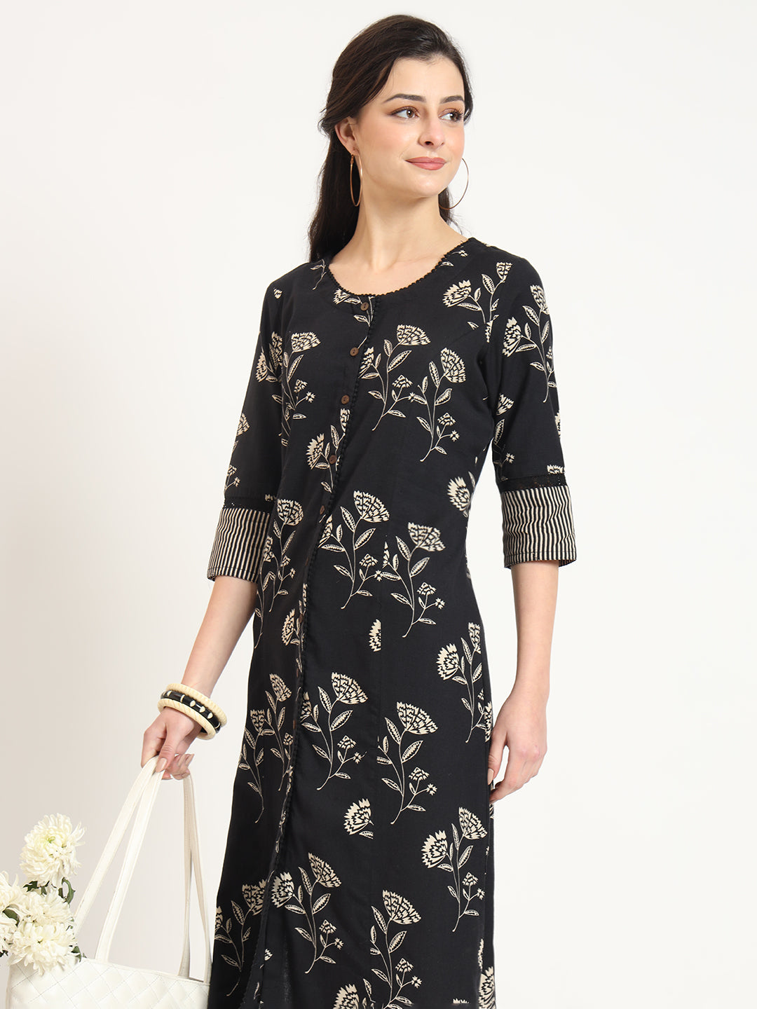 Divena Black Floral Print Cotton Fabric A-line Kurta