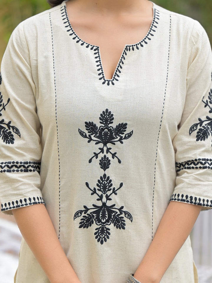 Divena Off White Solid Black Embroidery Kurta Pant Set