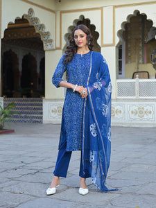 Divena Blue Floral Printed Straight Kurta Pant Set