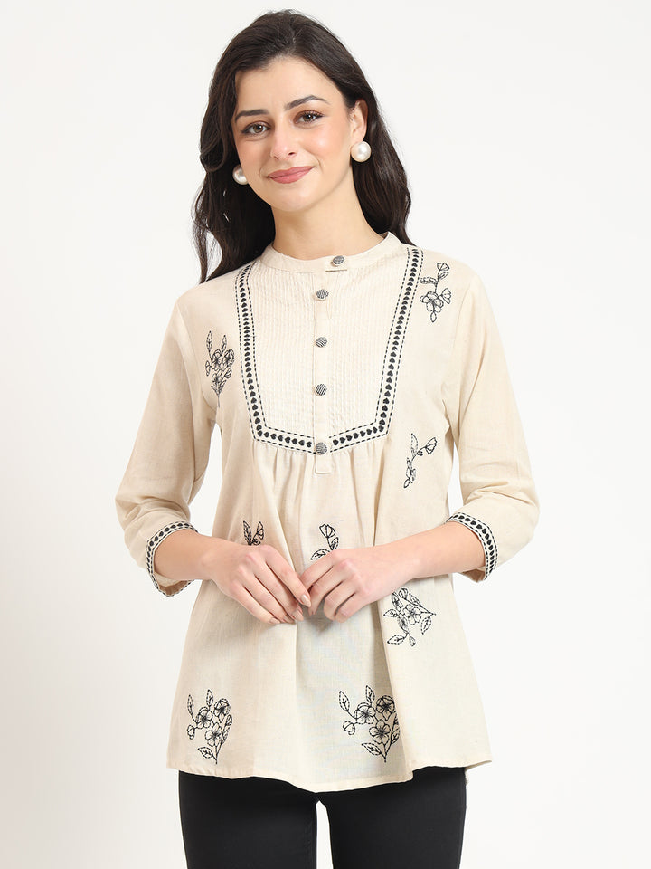 Divena Off White Cotton Round Neck Embroidery Top