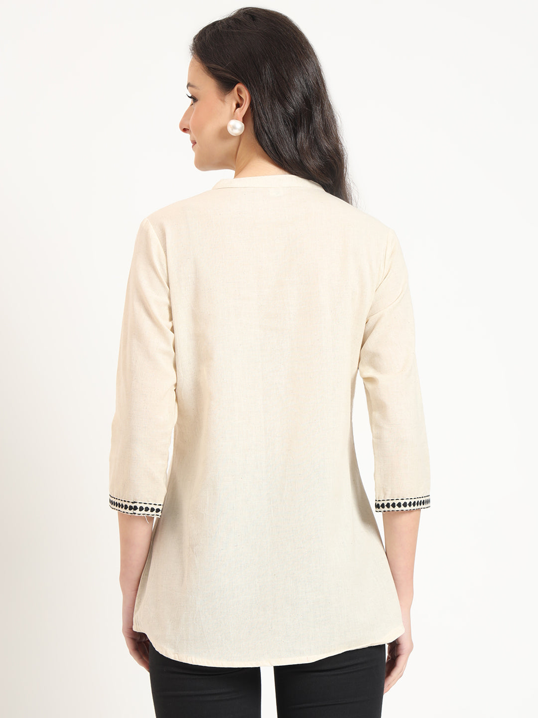 Divena Off White Cotton Round Neck Embroidery Top