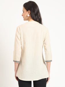 Divena Off White Cotton Round Neck Embroidery Top