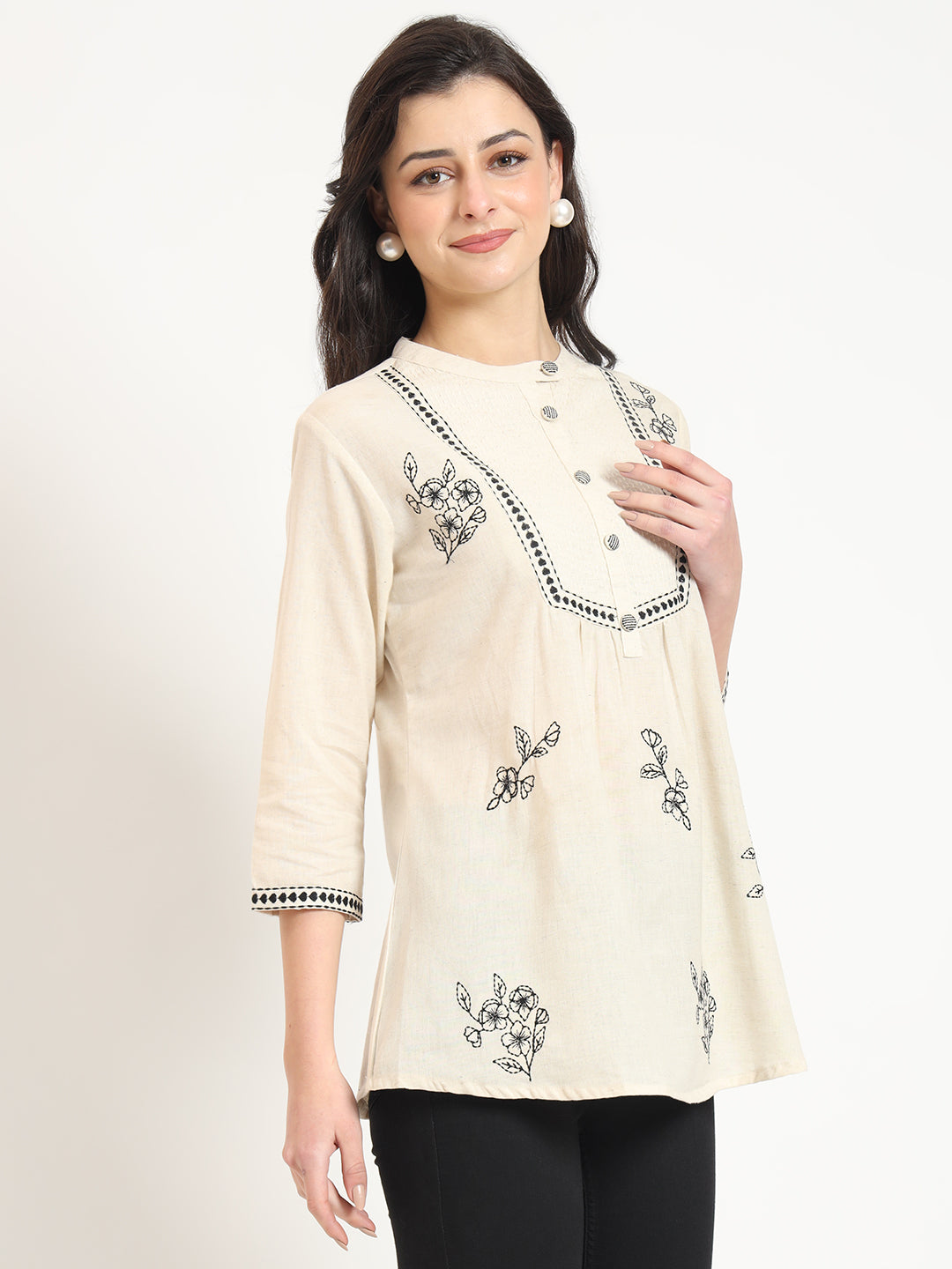 Divena Off White Cotton Round Neck Embroidery Top