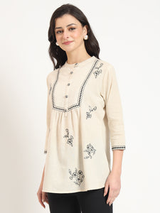 Divena Off White Cotton Round Neck Embroidery Top