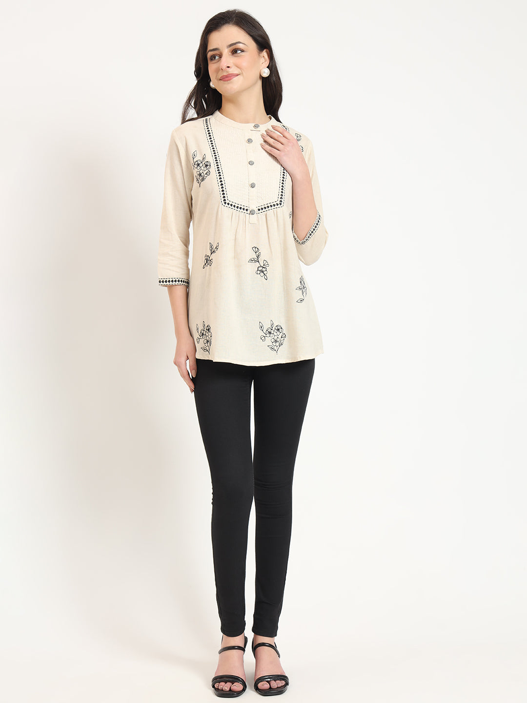 Divena Off White Cotton Round Neck Embroidery Top