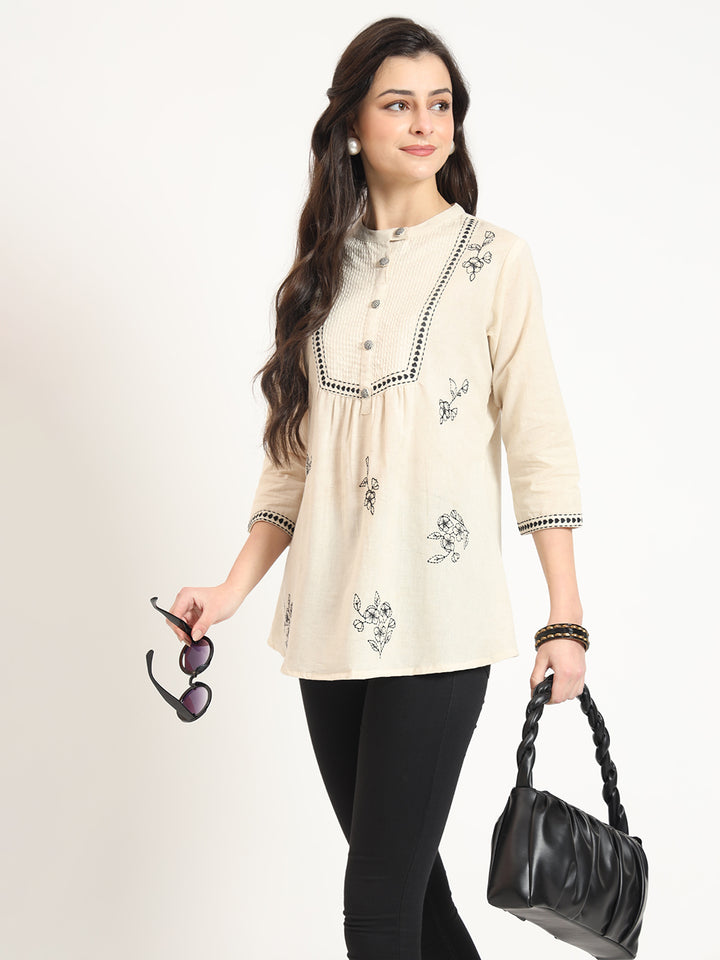 Divena Off White Cotton Round Neck Embroidery Top