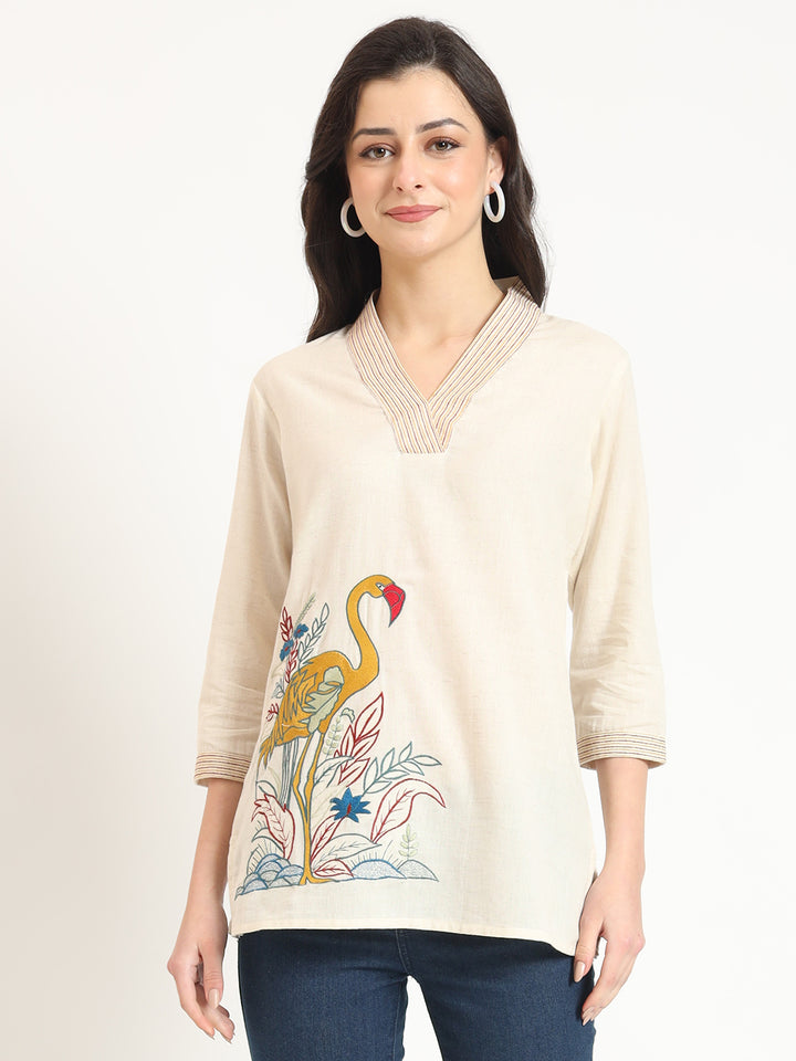 Divena Off White Cotton V-Neck Embroidery Top